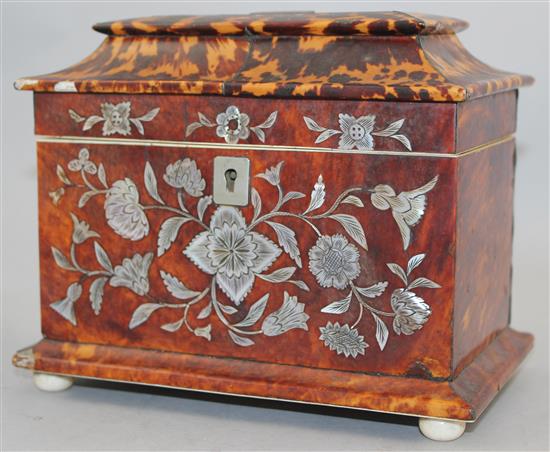 An early Victorian tortoiseshell and floral mother of pearl inlaid two division tea caddy, 7.5in.